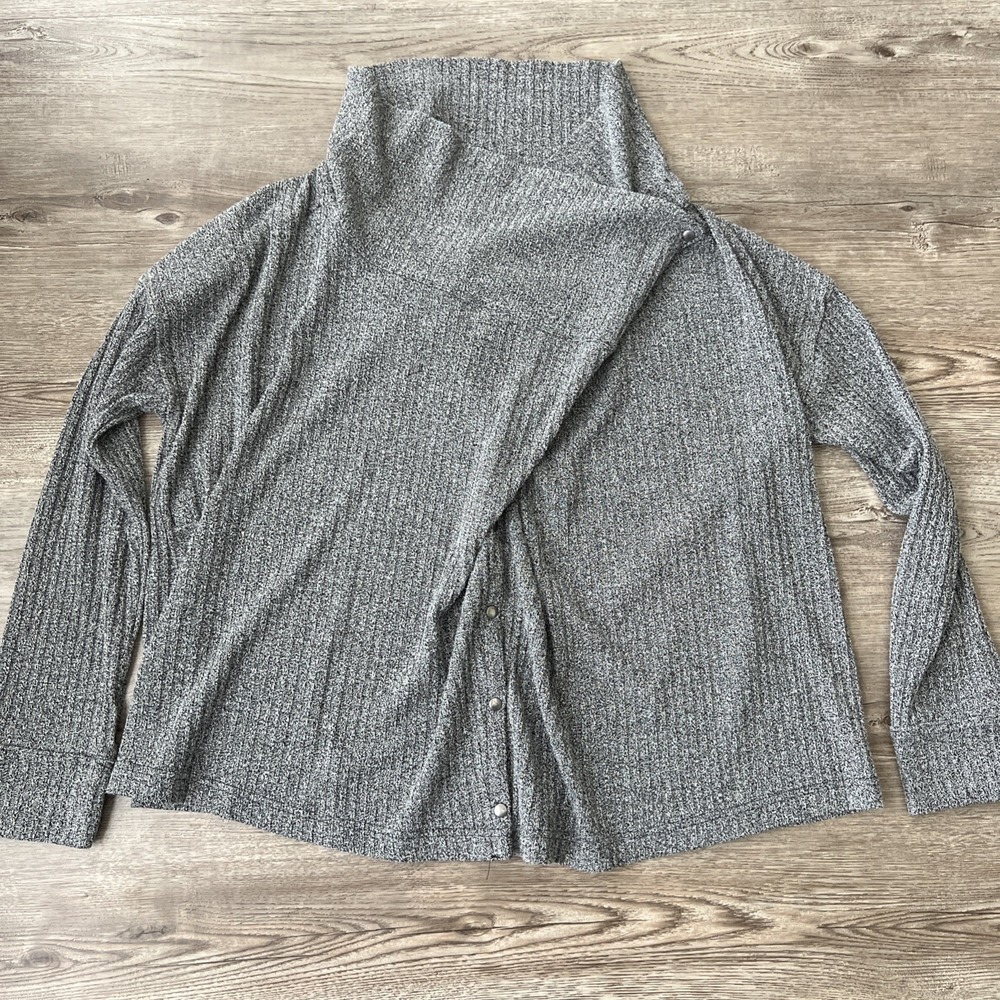 Eddie Bauer Ribbed Knit Button Cardigan Womens L Gray Funnel Neck Long Sleeve
